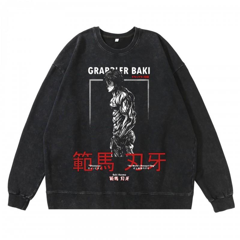 Heavyweight 360g Washed Vintage Baki Hanma Anime Graphic Hoodie-Free Cotton Sweatshirt Men