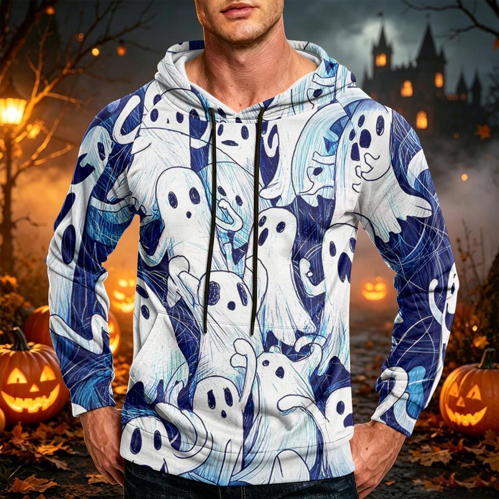 Men's Casual Loose Fit Printed Hoodie with Kangaroo Pocket and Drawstring for Everyday Wear