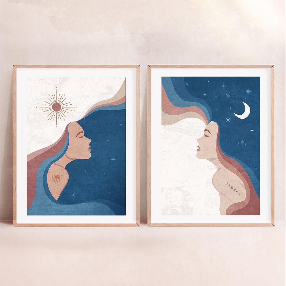 Blue Soulmate Couple Canvas Painting Boho Beautiful Women Wall Art Pictures Sun Moon Poster Abstract Minimalist Print Home Decor