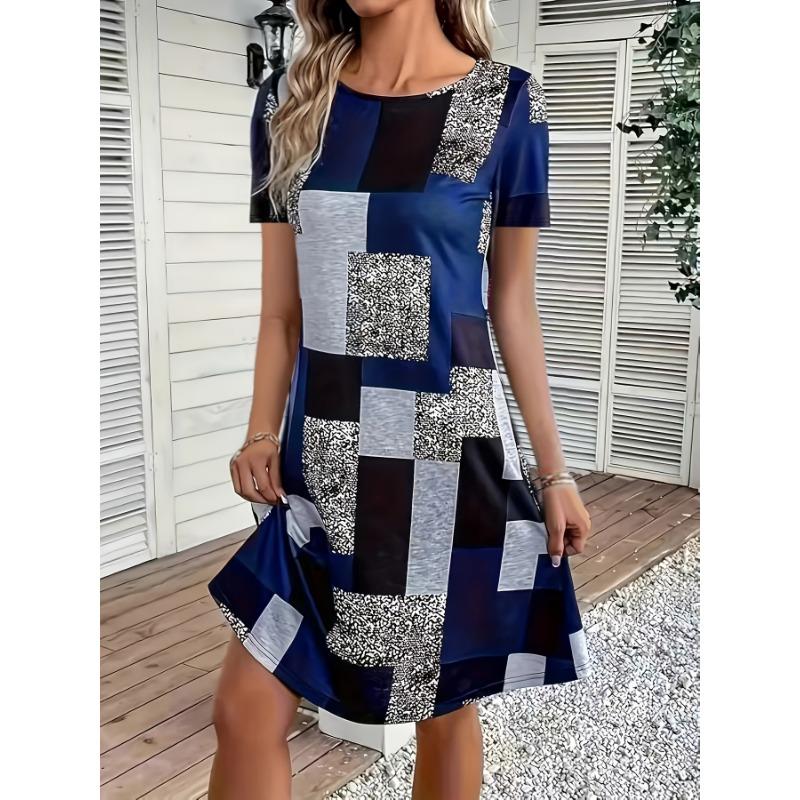 Summer and Spring Best-selling Geometric Printed Color Blocked Dress, Comfortable and Casual Round Neck Short Sleeved Dress, Women's Clothing