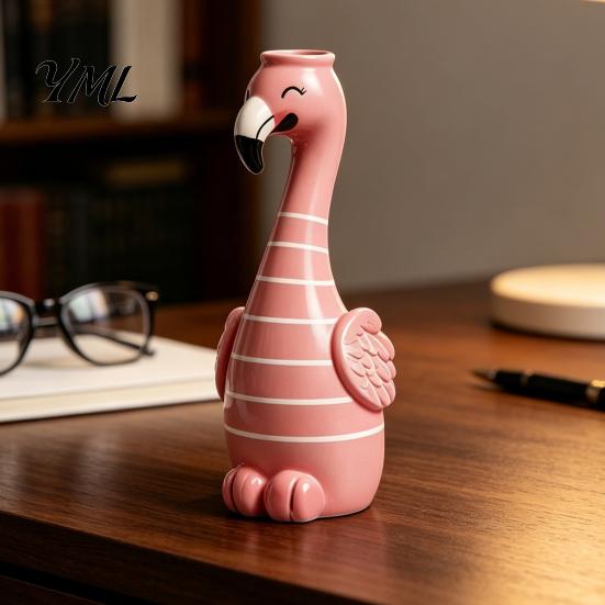Pink Desk Ornament for Girls Cute Resin Flamingo Decorative Vase, Flower Holder Figurine, Creative Birthday Gift Women Tabletop Dried Artificial