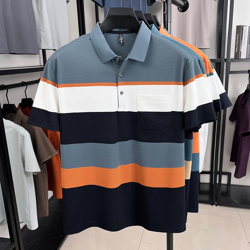 Pure Cotton Wide Stripe Color Blocked Short Sleeve Polo Shirt Fashion Men Comfortable Pocket Summer Breathable New T-shirt