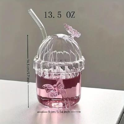 1PCS 400ML Drinking Glass Cup Set with Butterfly Design for Iced Coffee, Juice, Tea & Milk, Perfect Birthday and Holiday Gifts