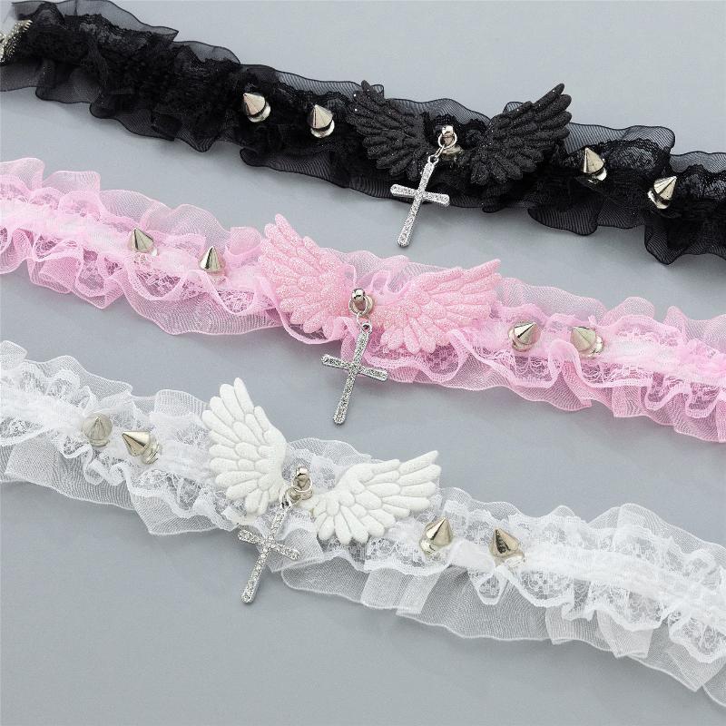 Fashion Solid Color Women Girls Necklace Wide Lace Rivets Lolita Lace Choker Y2K Angel Wings Cool Leather Necklace