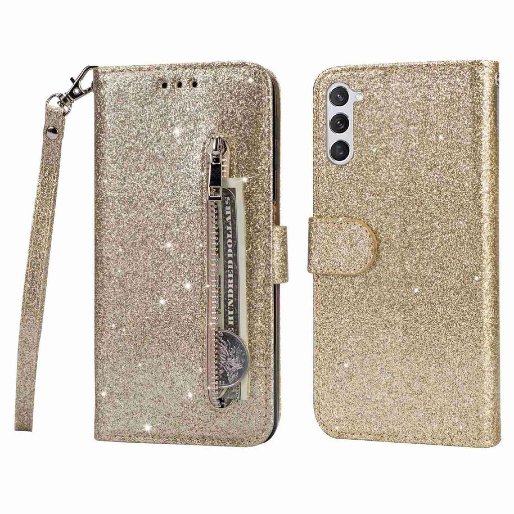 For Samsung Galaxy S24 Case Glittery Phone Wallet Cover with Zipper Pocket