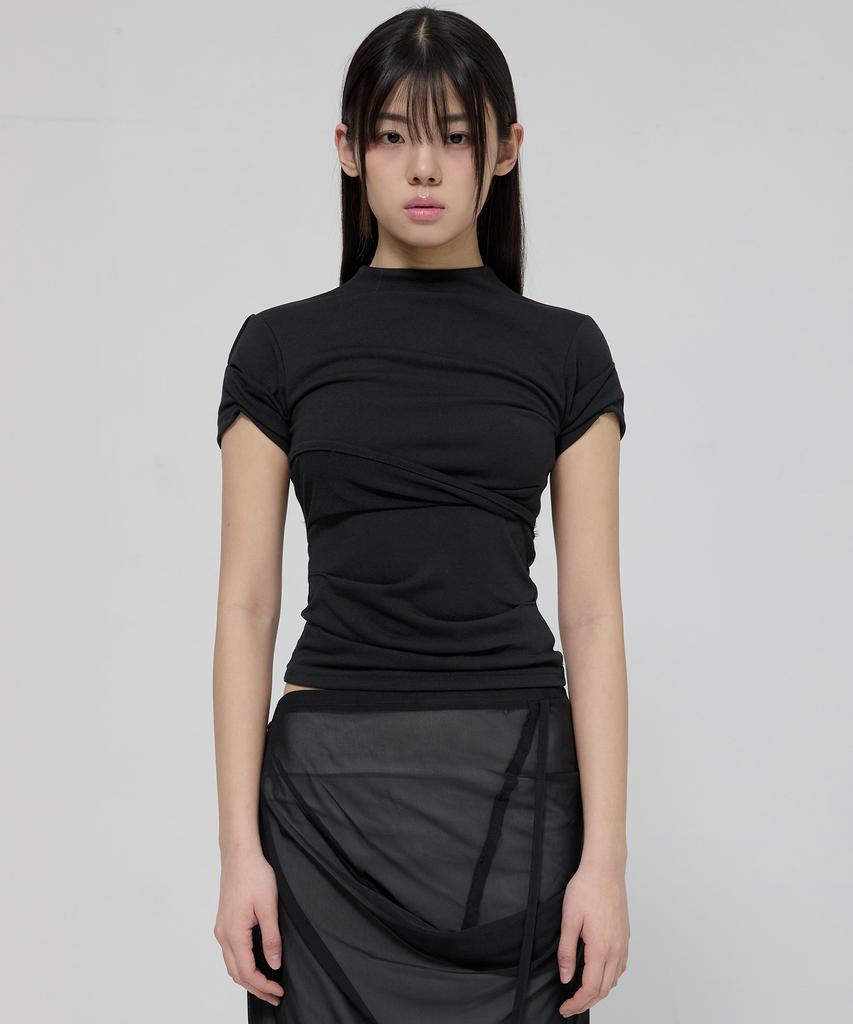 Peulleeoeob Asymmetrical Draped Mock Neck T-Shirt (Fl-126_Black)