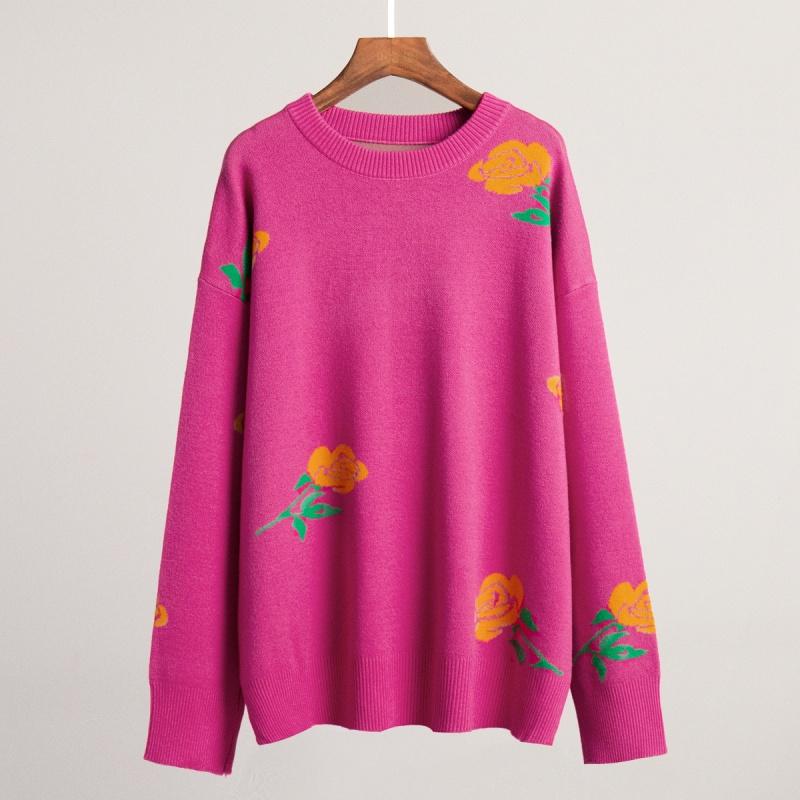 Cross-Border round Neck Rose Printed Sweater Sweater European and American Autumn and Winter New All-Matching Loose Pullover Sweater for Women