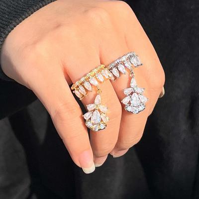 Zircon Light Luxury Style Fringed Open Ring Design Full Of Diamond Water Droplets Index Finger Ring Hand Jewelry