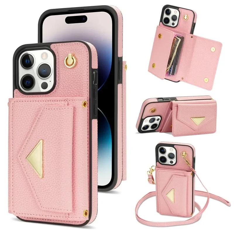 Crossbody Lanyard Leather Wallet Card Phone Case For iPhone 17 Air 16E 16 Pro Max 15 14 Plus 13 12 11 XS XR X Flip Stand Cover