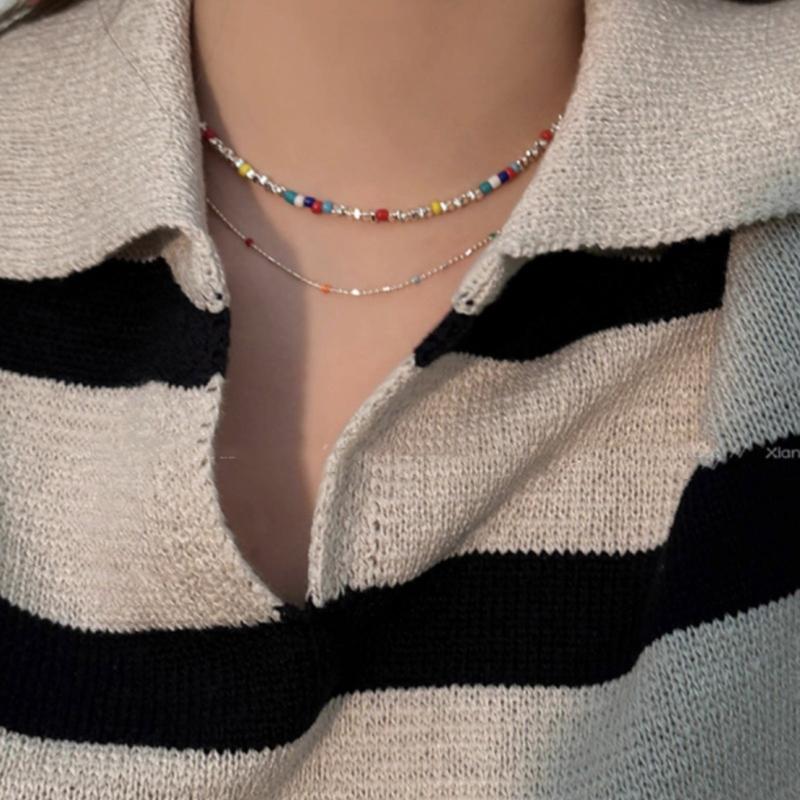 Layer Multicolor Beaded Chokers Necklace With Silver Accent for Dopamine Dressing and Everyday Stylish Accessories