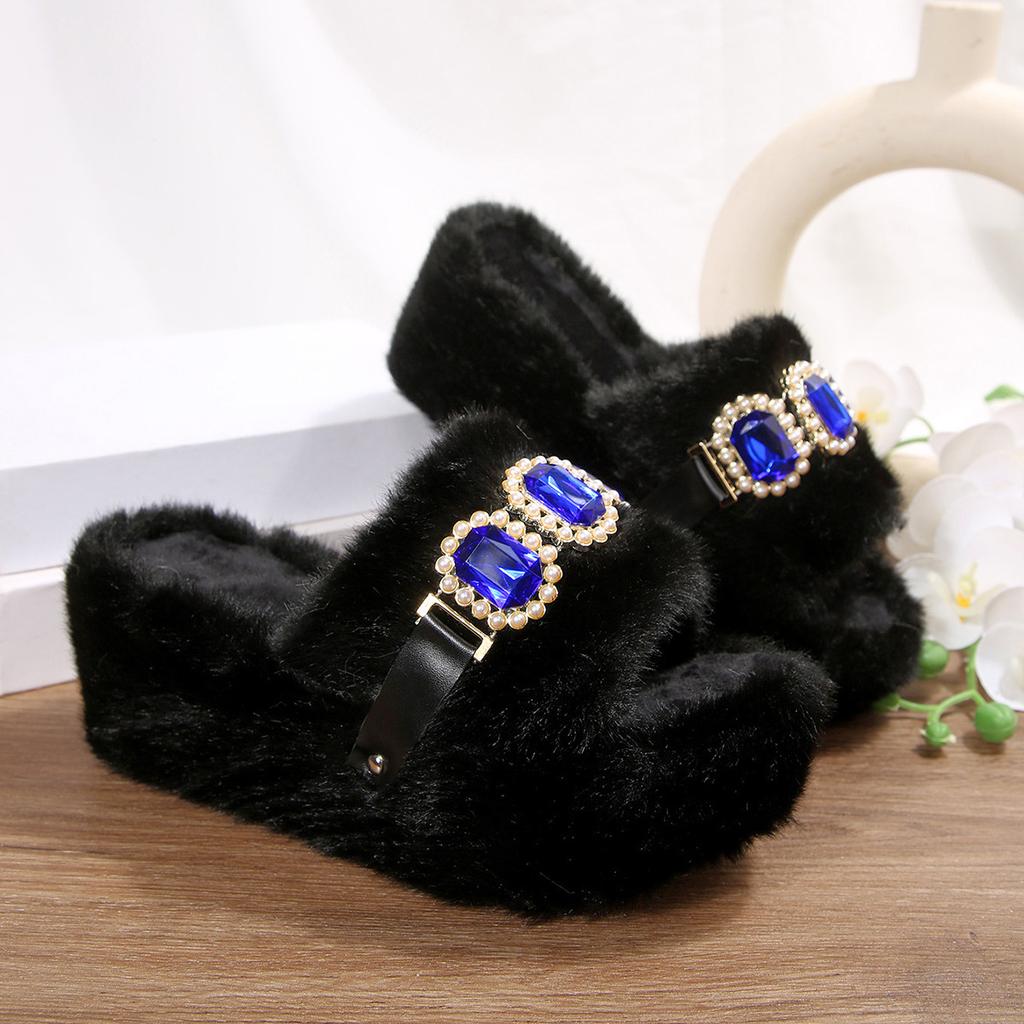 Winter Fashion Warm Short Plush Comfortable Slip On Rhinestone Platform House Slippers Casual Plus Size Shoes for Women 35-43