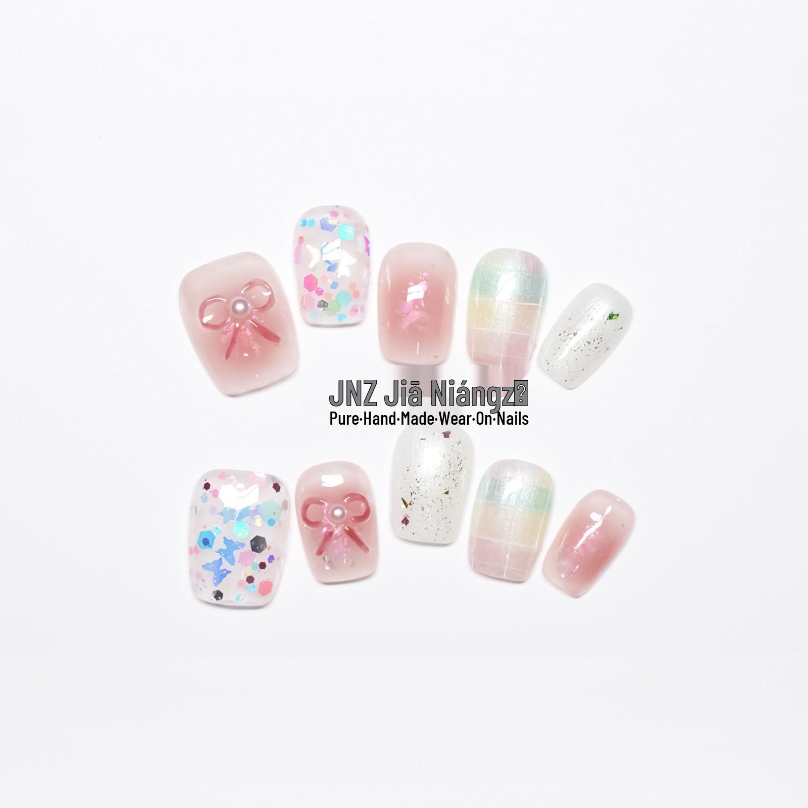 Jia Niangzi Ручная работа Кошачий глаз Нежно-розовый Бант Накладные ногти - Весенне-Летняя Коллекция 10 pieces size M (with tool kit)