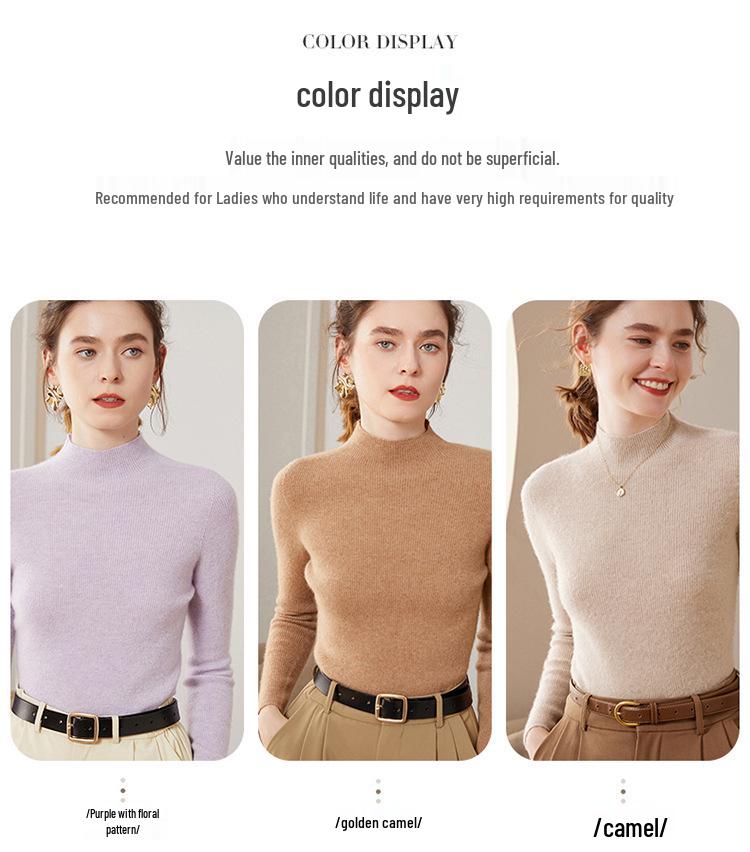 Women's High-Quality Cashmere Knit Base Layer Top - Long Sleeve, Tight-Fit, Warm & Soft Sweater for Autumn/Winter