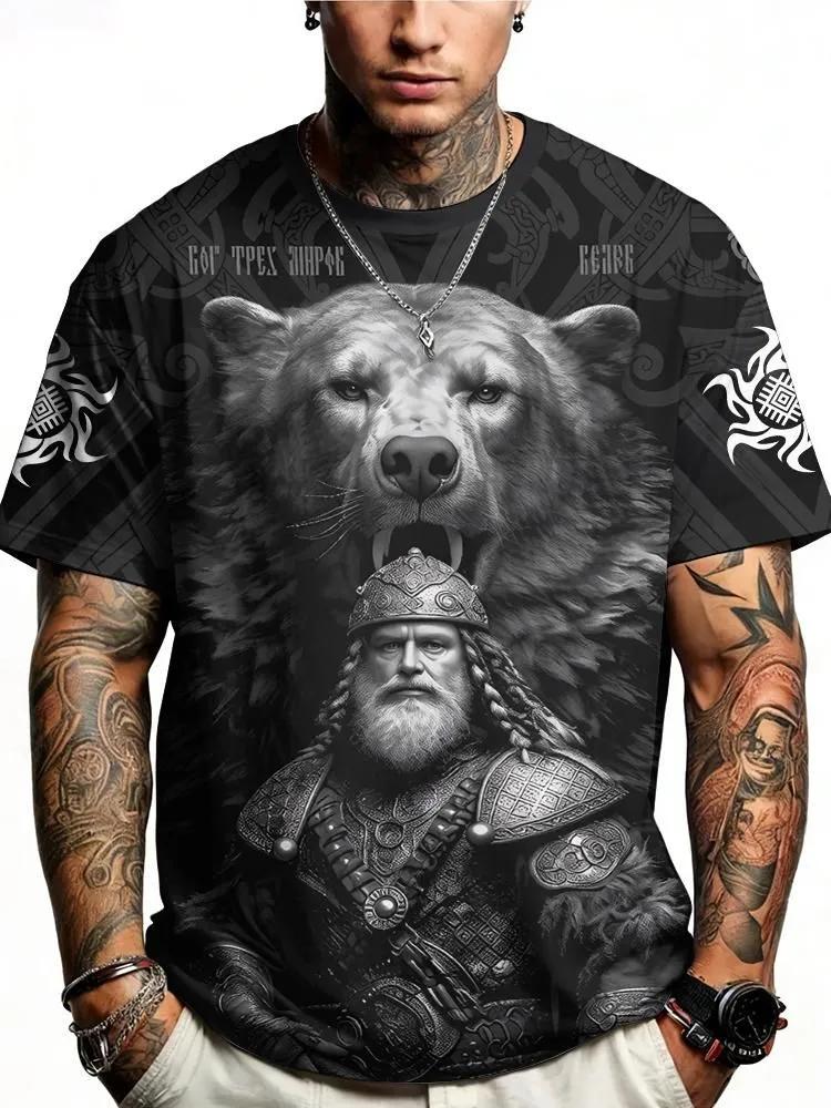 Men's Black and White Norse Graphic Tee, Viking Warrior and Bear with Slavic Runes, All-Over Tribal Print, Casual Short Sleeve