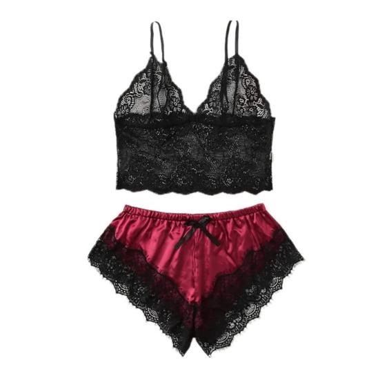 2 Pcs/Set Lady Pajamas Satin Bow Sleeveless Crop Top See-Through Lace Patchwork