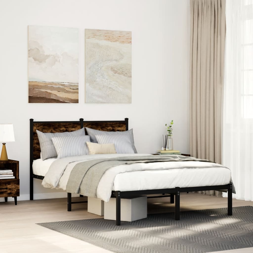 Metal Bed Frame Without Mattress Smoked Oak Finish 120 X 190 Cm