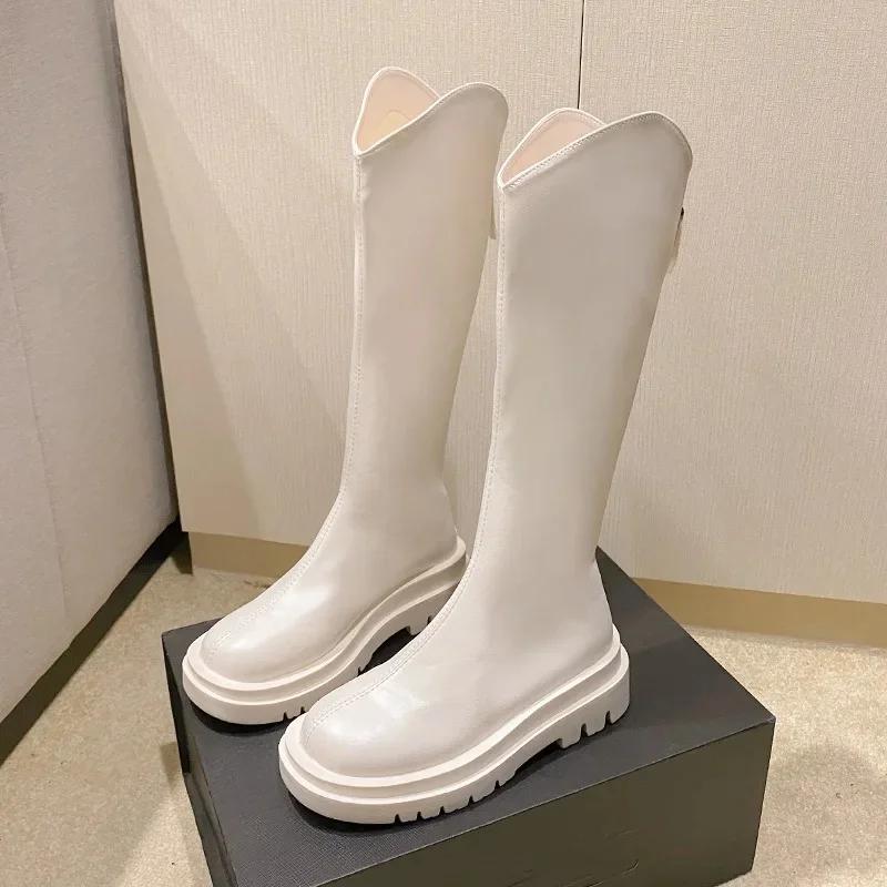 Fashion Elastic High-Cut Boots Women's Spring Autumn round Toe Thick Heel Knight Style Knee-High Boots Comfortable Breathable Leather