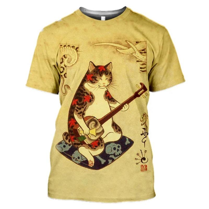 Retro T-shirt Men Women Samurai Cat Tattoo Shirt for Men 3d Print Cool Classic Art Shirt for Summer Round Collar Tops Tees