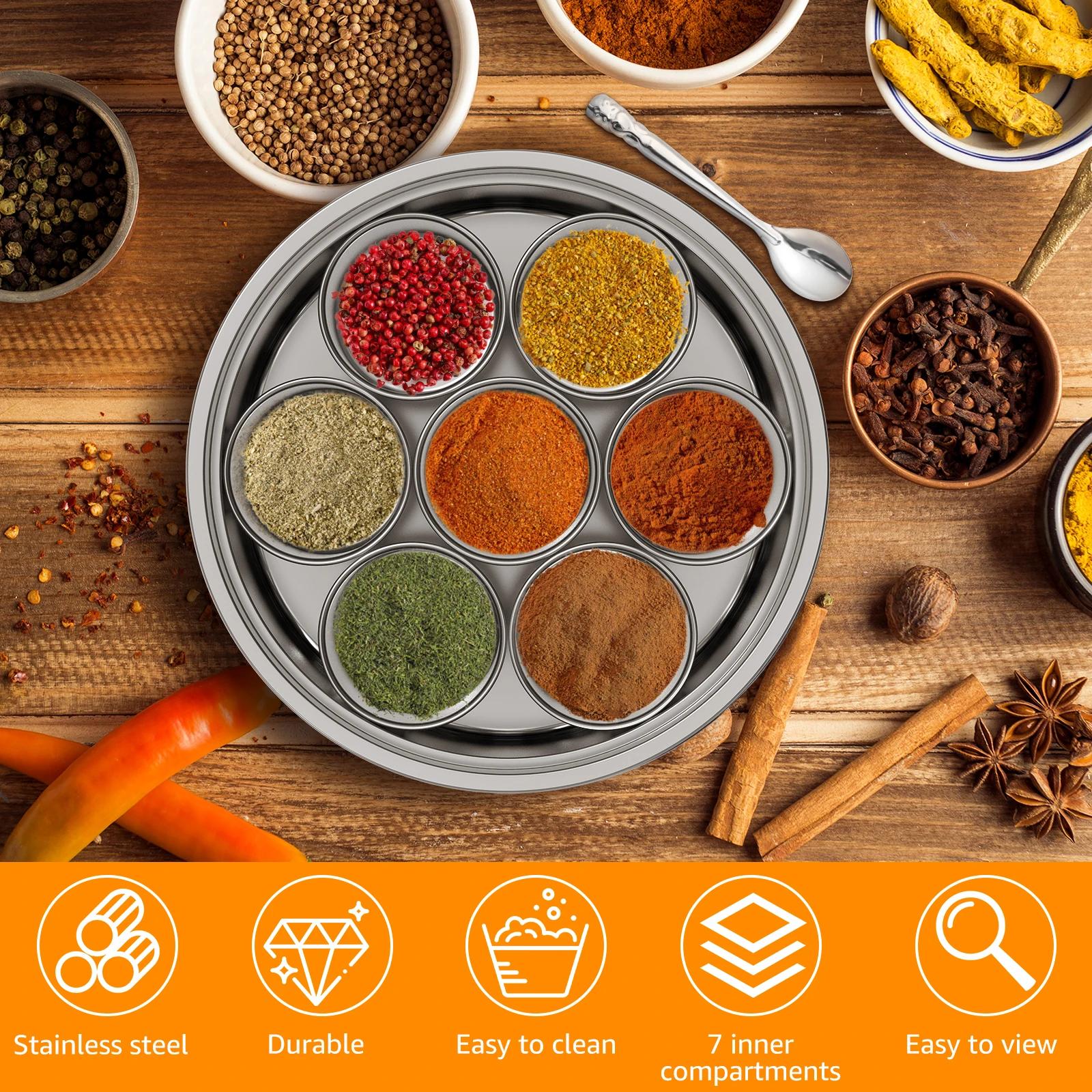 Masala Dabba Portaspezie Contenitori per Spezie in Acciaio Inossidabile Masala Dabba con 7 Scomparti Portaspezie Indiano con Coperchio Trasparente