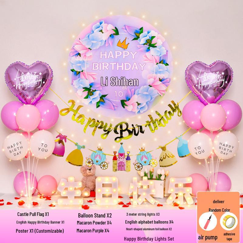 Happy Birthday Balloons for 7-8-Year-Old Girls - Home Party Decoration and Background Wall Decor
