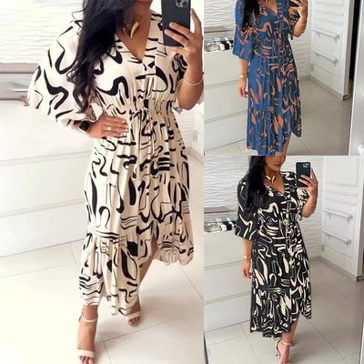 Bohem Wommen Baskılı Midi Elbise V Yaka Yarım Kollu Yüksek Elastik Bel A Kesim Elbise Kadın Modası Günlük Robe Vestido