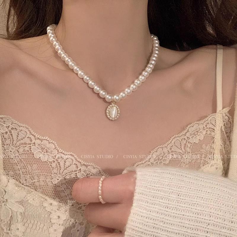 Korean Titanium Steel Pearl Necklace with Zircon Pendant - Luxury Choker Chain