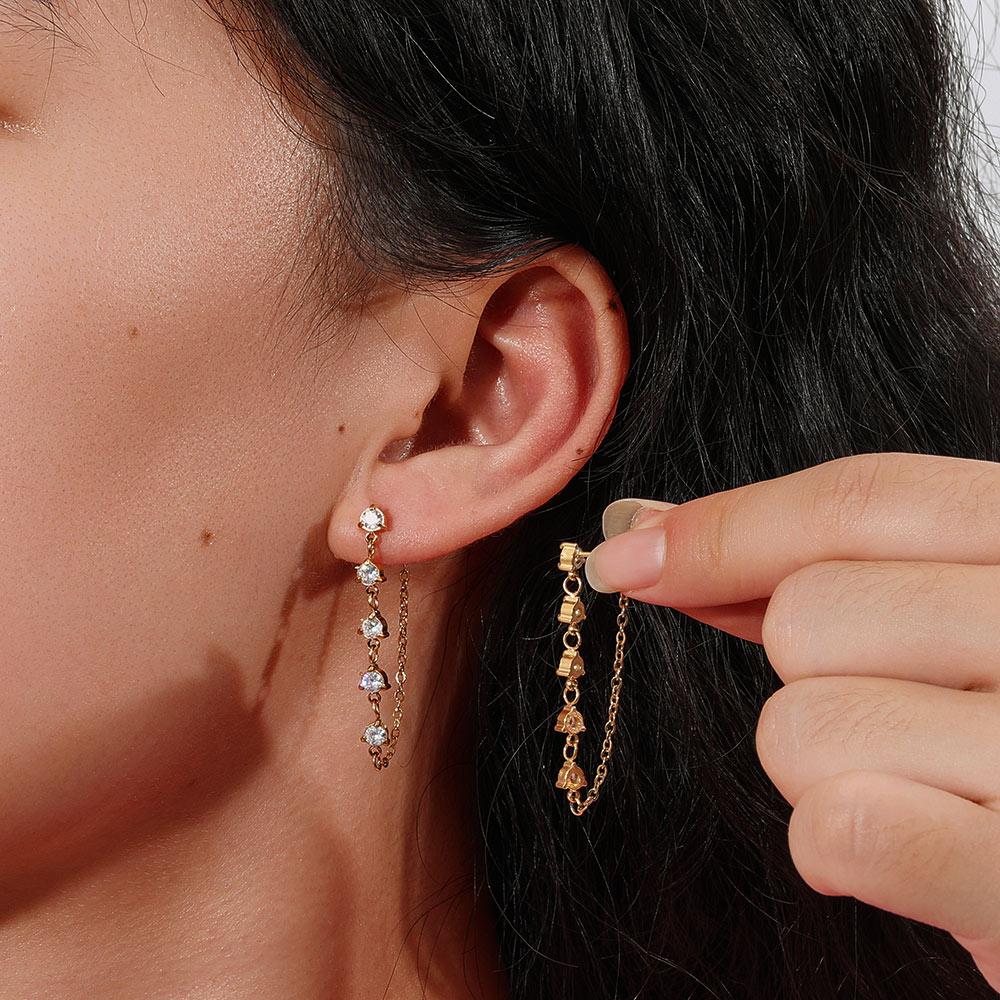Fenny 18K Gold-plated No Fade Fashion Clear&Green Zirconia Tassel Chain Hoop Earring Trend for Women Ladies Jewelry