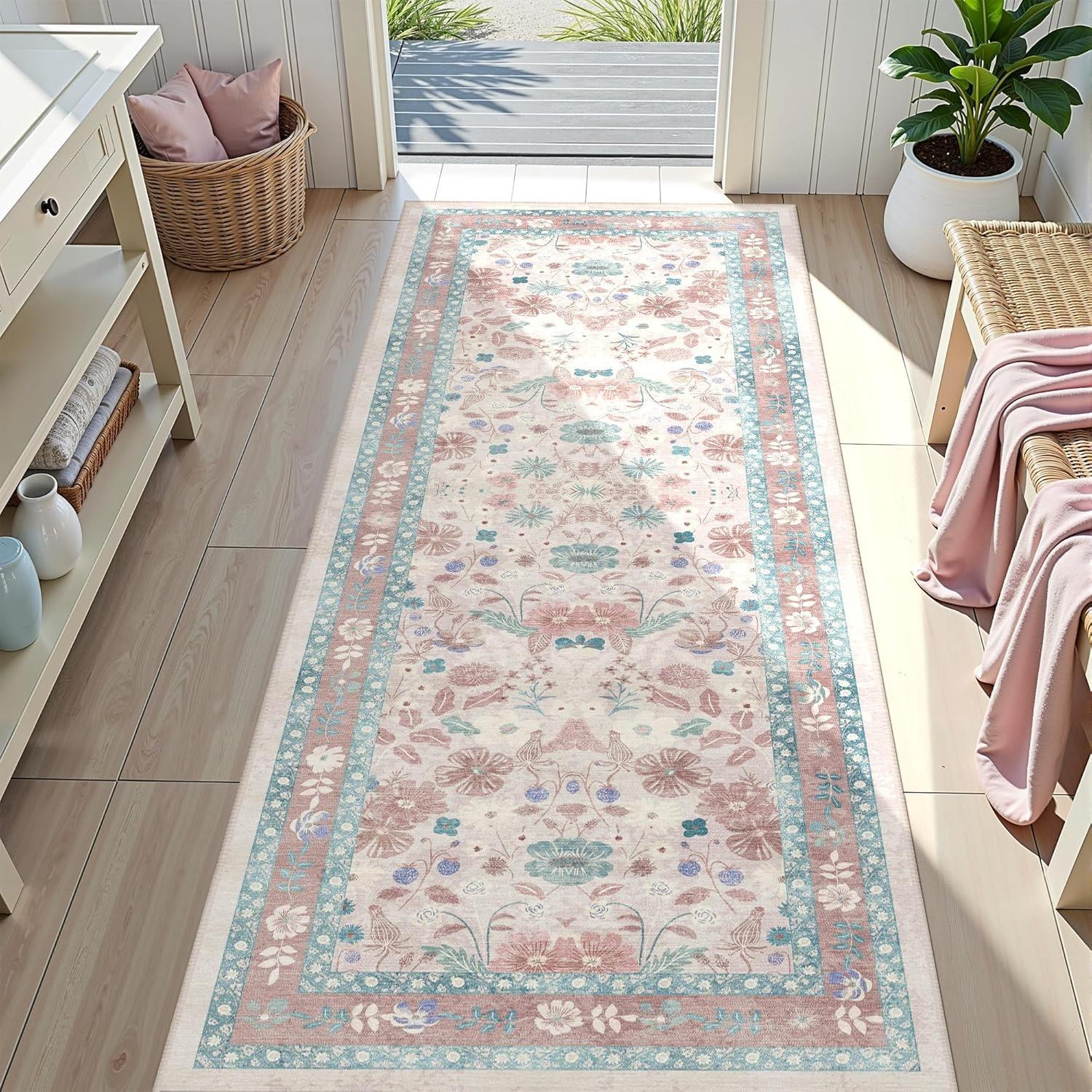 

Floral Hallway Runner Rug Soft Flower Botanical Long Carpet Bedroom Non-Slip Floor Mat Machine Washable Kitchen Home Decoration 50x160cm