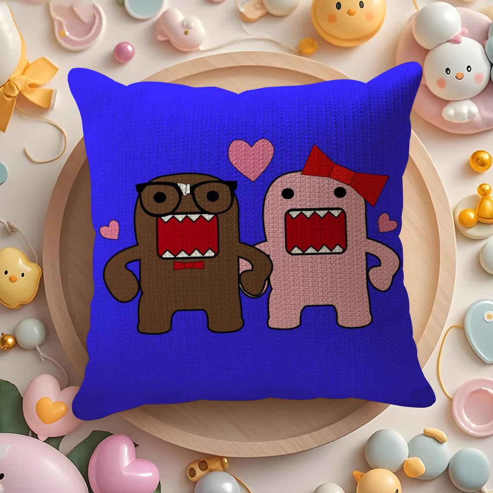 Cartoon Funny Domo-Kun Cushion Cover Linen Organic Fabric Double-Sided Printing Breathable Pillow Case Sofa Home Decor Gift
