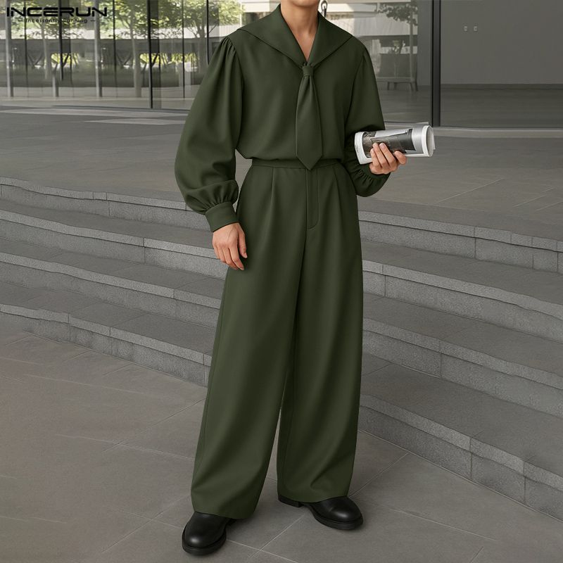 INCERUN Oversized Men Outfits Naval Collar Long Sleeve Shirts Long Pants Casual Two Pieces
