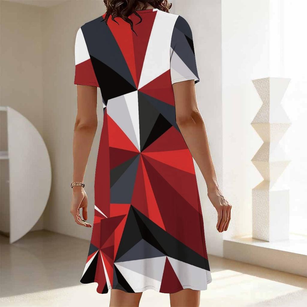 Plus Size Ladies Crew Neck Short Sleeve Dress Soft Retro Floral Print For Casual Downtown Stroll