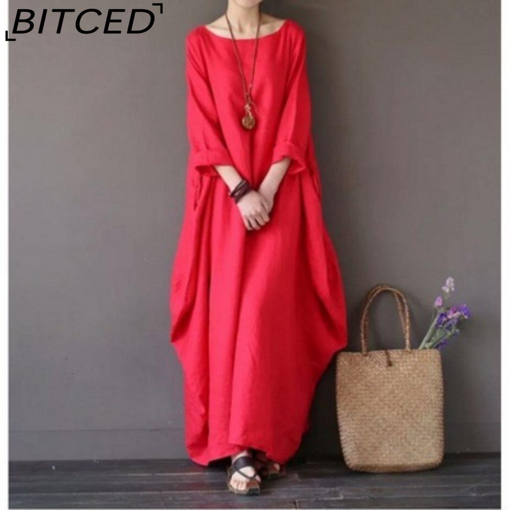 BITCED Women Long Loose Summer Casual Dress Linen Cotton Plus Size