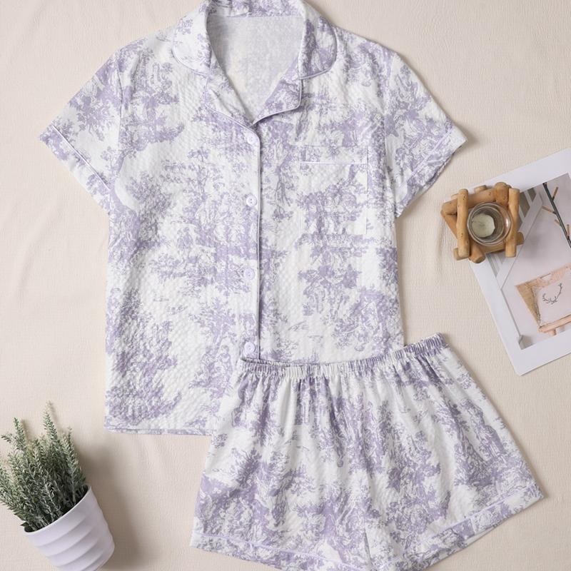 

Женский повседневный пижамный комплект с цветочным принтом, короткий рукав, топ с лацканами и мягкие эластичные шорты, удобный, идеально подходит для летнего сна XL
