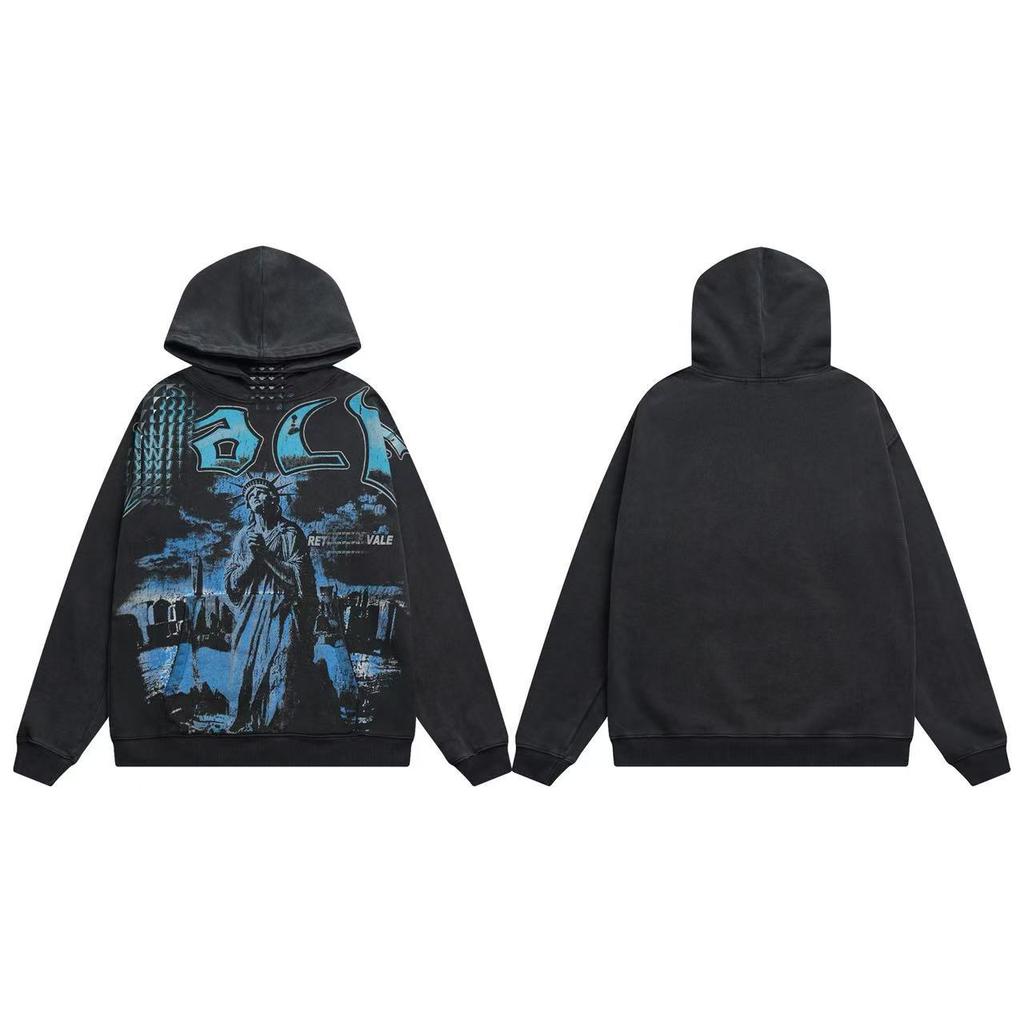 25SS high quality VAL beauty high street retro washing water old white ink direct injection hoodie men and women the same sweater