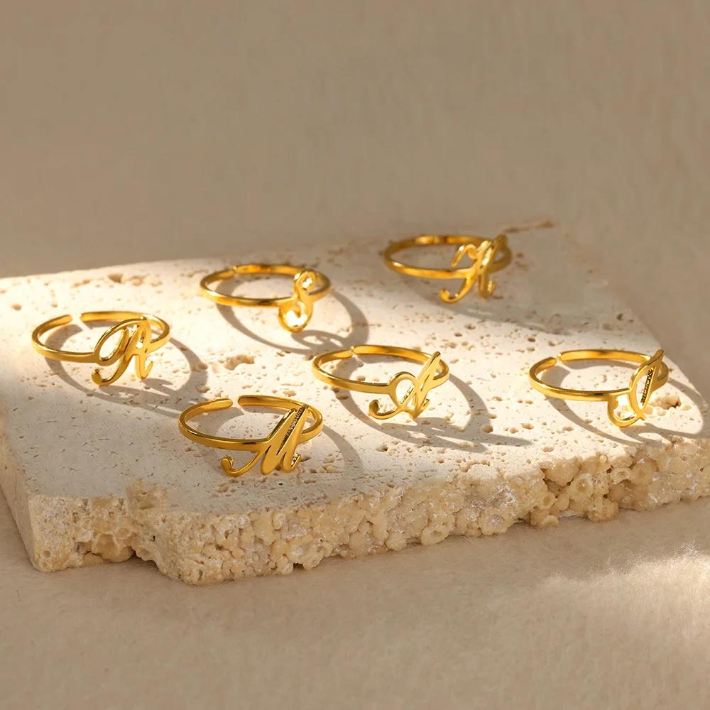 Stainless Steel Initial Letter Pendant Rings For Women Gold Color Trend A-Z Letter Finger Ring Aesthetic Wedding Jewelry Bijoux
