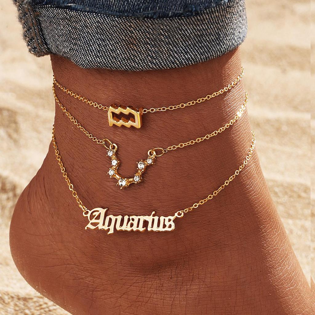 12 Constellation Multilayer Zodiac Anklet Set for Women - Gold Rhinestone High-End Jewelry, 3-Piece