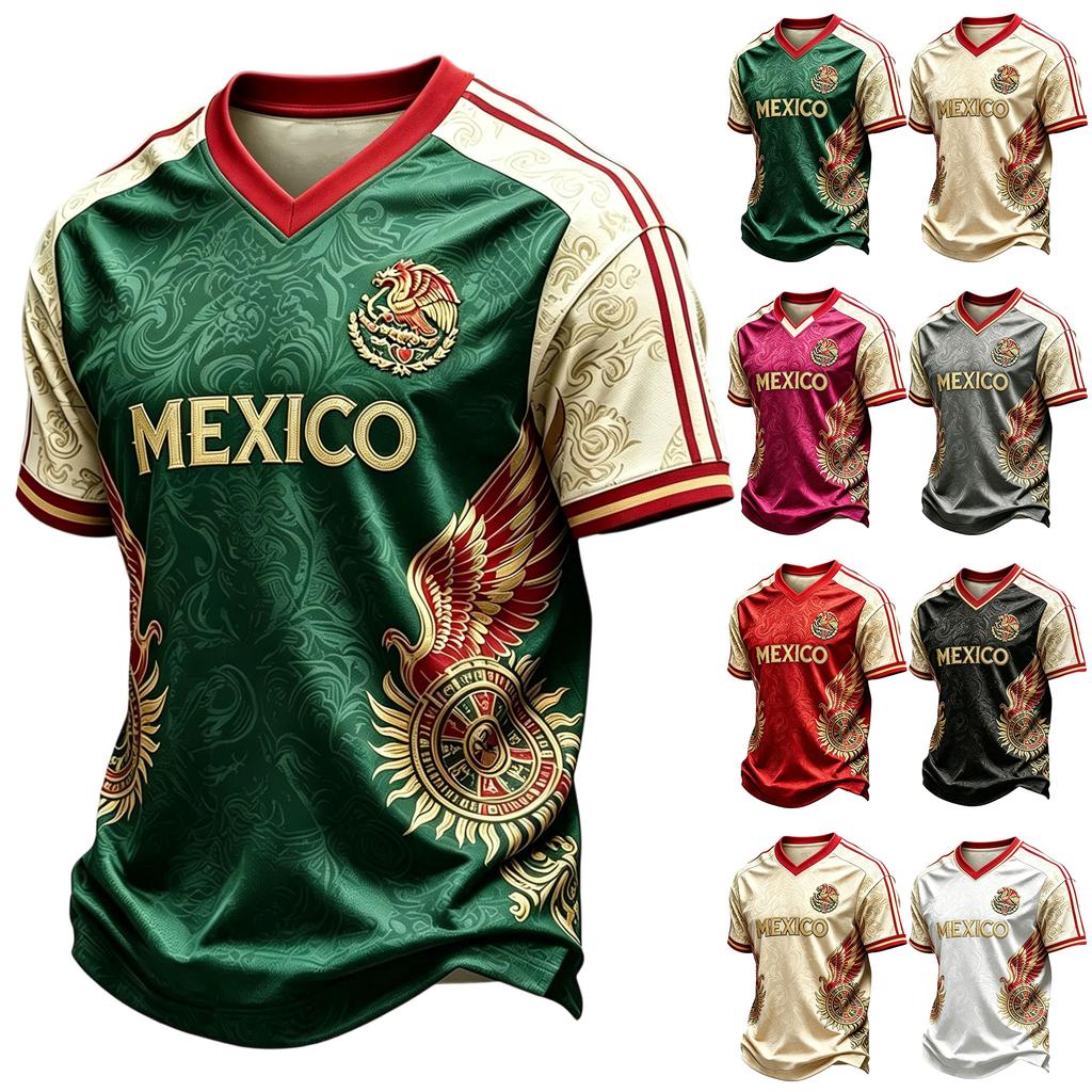 Men's Casual V Neck Short Sleeve Shirt Breathable Fabric Lightweight Fit Mexico Letter Print Sports Tee