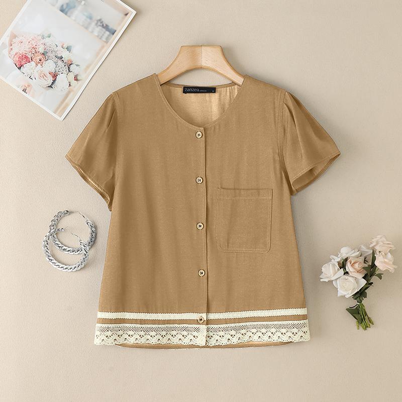 ZANZEA Women Summer Short Sleeve Lace Patchwork Casual Button Blouse