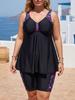 Set Tankini Nero Fuochi d'Artificio da Donna Taglie Forti con Gonna da Bagno e Slip Stampato