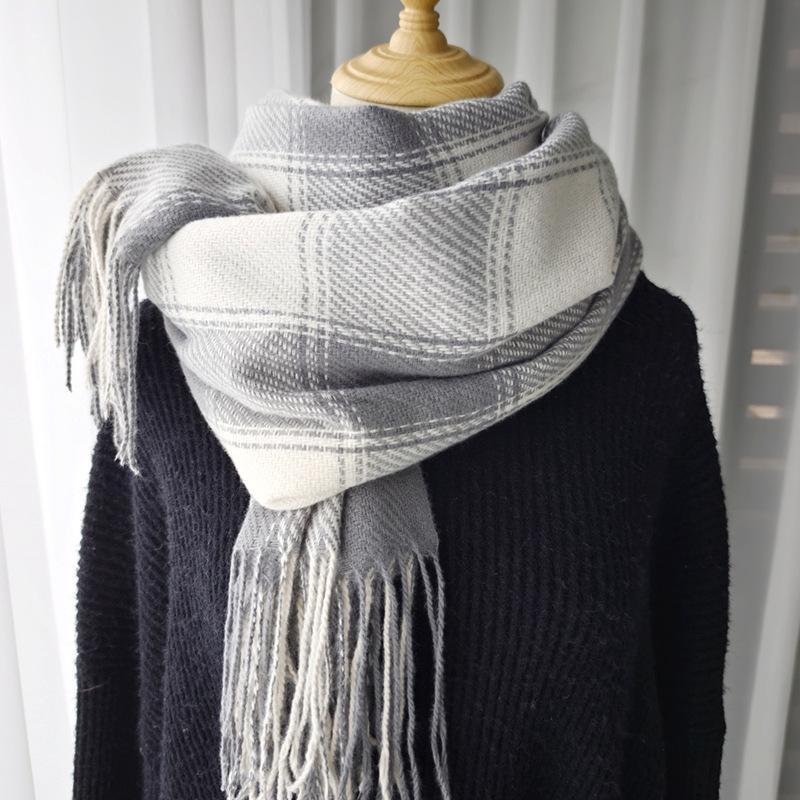 Women's 2024 Korean Style Plaid Snood: Versatile Thick Tassel Shawl for Autumn and Winter