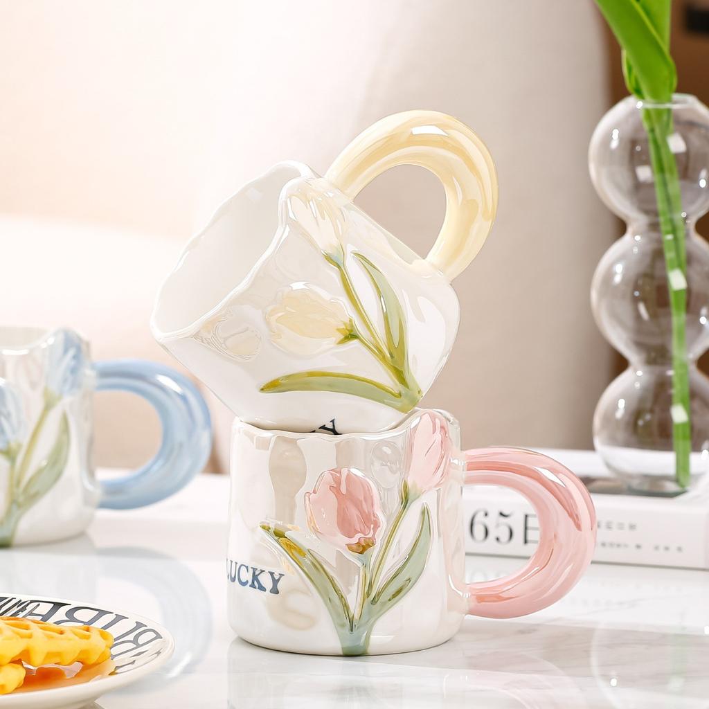 High Value and Light Luxury Tulip Ceramic Cup Creative Flower Girls’ Home Drinking Water Cup Spoon