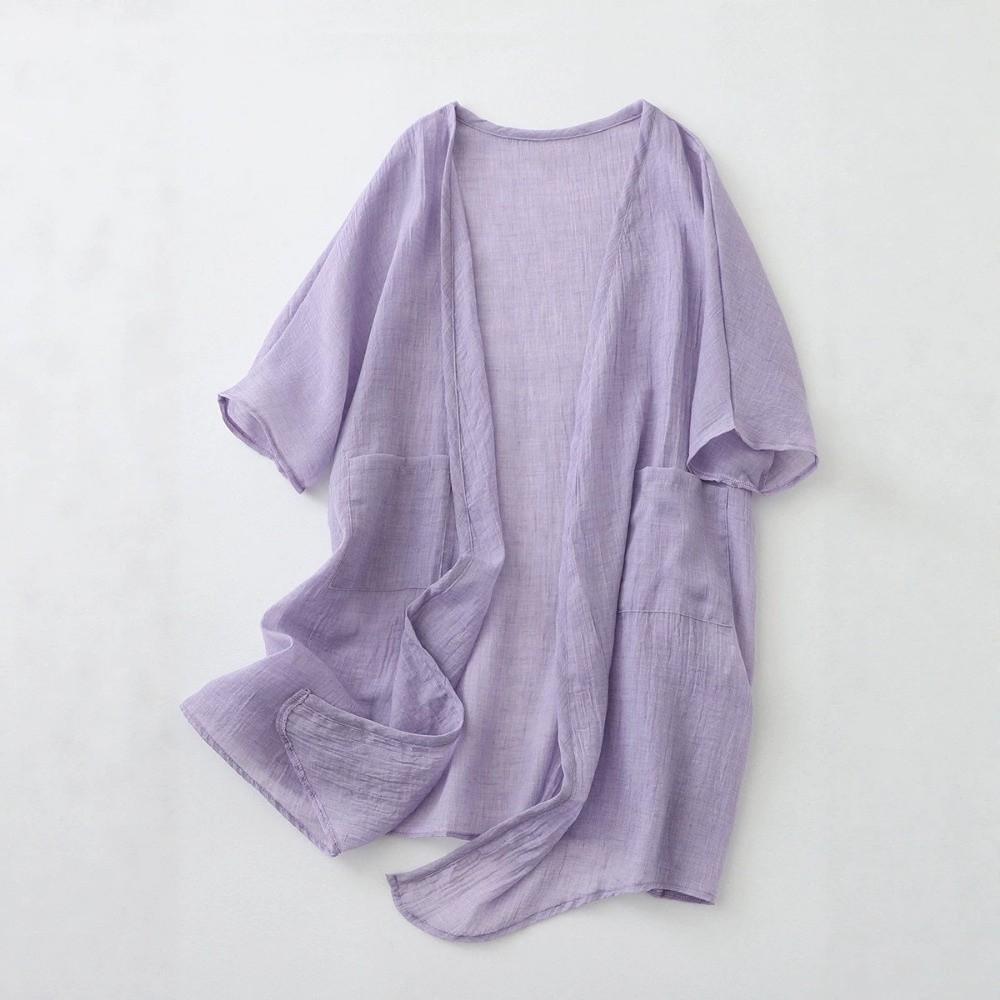 Short Sleeved Long Shawl Loose Beach Top Breathable Linen Cardigan  Summer Wear