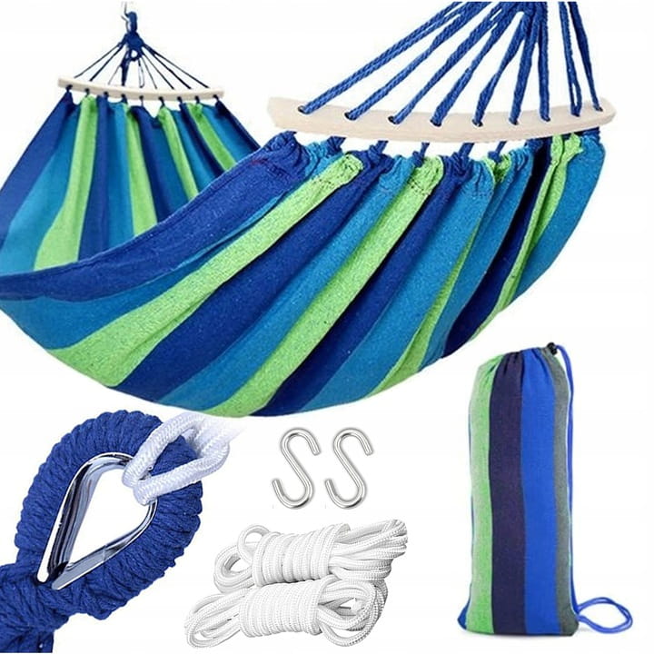 Garden Hammock Double 260 X 155 With Strong Crossbar - Color Green Stripes