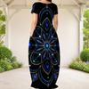 Women Plus Size Round Neck Short Sleeve Galaxy Printed Loose Maxi Dress With Side Pockets
