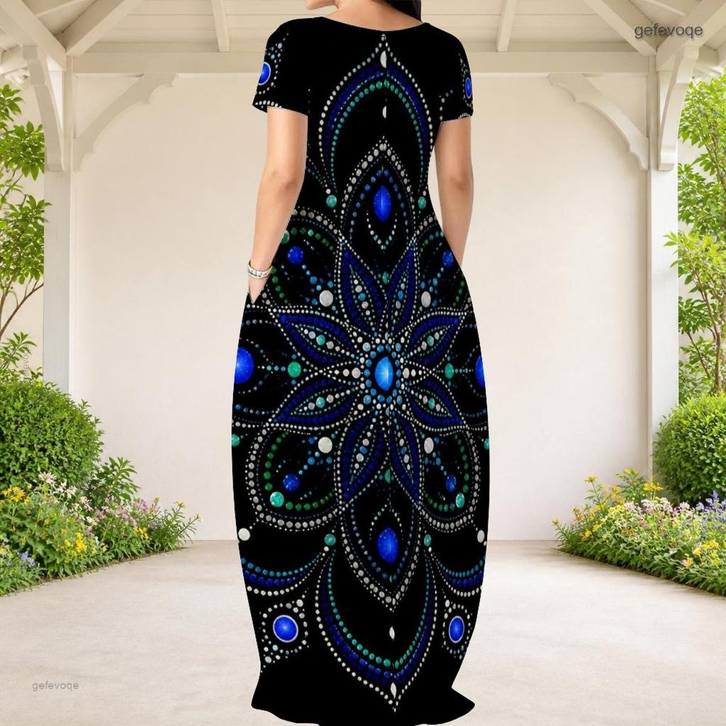 Women Plus Size Round Neck Short Sleeve Galaxy Printed Loose Maxi Dress With Side Pockets