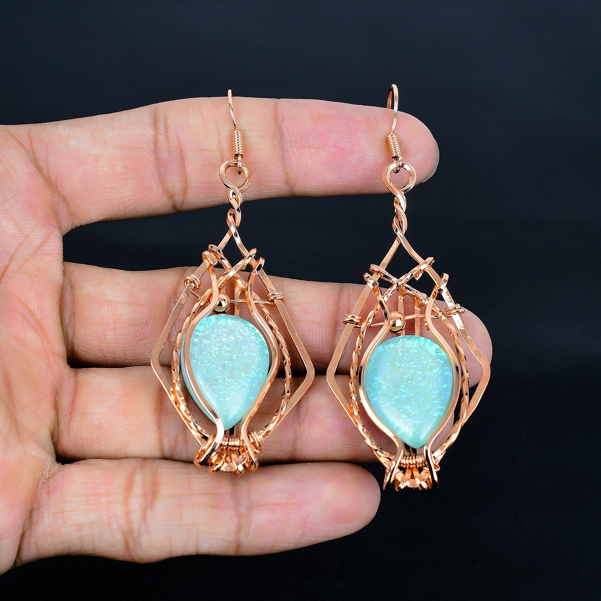 

Blue Australian Triplet opal Earrings Gemstone Jewelry, 999 Copper Wire Wrapped Earrings, Handmade Beautiful Jewelry Earrings 2.55 Inches