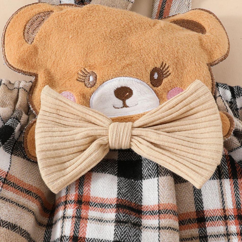 Baby Ribbed Bodysuit, Plaid Bear Doll Suspender Skirt & Headband Set for Fall/Winter