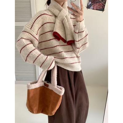 Autumn and Winter New Korean Version of the Wild Loose Contrast Color Stitching Striped Knitted Cardigan with Scarf Top Sweet and Cute