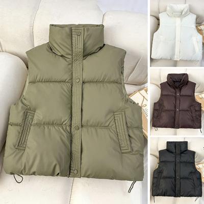 Winter Women Vest Coat Thickened Padded Zipper Closure Stand-up Collar Sleeveless Solid Color