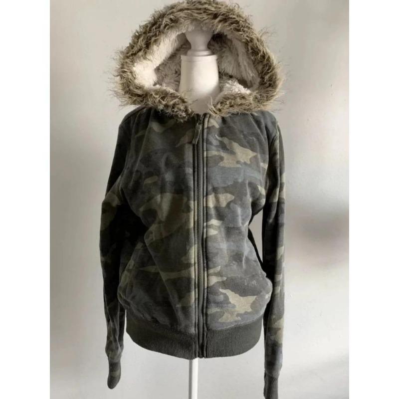 2KWEIRD Vintage Letter Fur Collar Hooded Sweatshirt Autumn Winter Zipper Y2K Retro Fleece Jacket Harajuku Embroidery Plush Dark Fashion